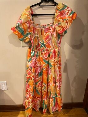 Francesca's Collections Multicolor Floral Puff-Sleeve Smocked Midi Dress